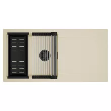 HD Onyx Beige 100 egymedencés mosogatótálca szett, acél csepegtetőráccsal és matt fekete kosárral, csepegtetőtálcával, soft bézs színben, matt fekete leeresztő szifonnal