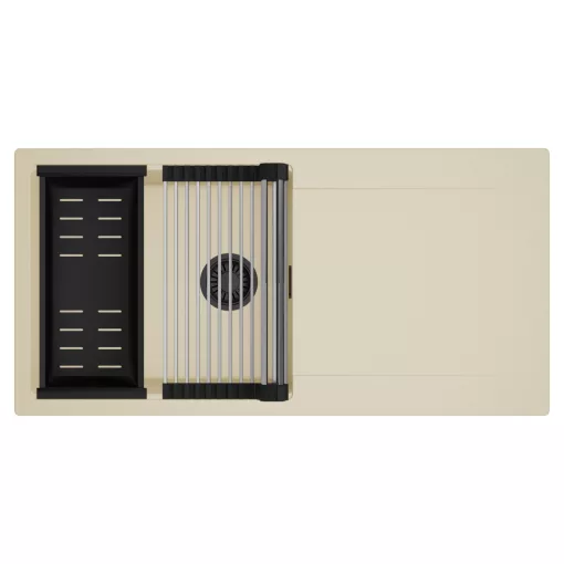 HD Onyx Beige 100 egymedencés mosogatótálca szett, acél csepegtetőráccsal és matt fekete kosárral, csepegtetőtálcával, soft bézs színben, matt fekete leeresztő szifonnal