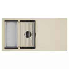 HD Onyx Beige 100 egymedencés mosogatótálca szett, acél csepegtetőráccsal és kosárral, csepegtetőtálcával, soft bézs színben, matt fekete leeresztő szifonnal