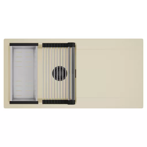 HD Onyx Beige 100 egymedencés mosogatótálca szett, acél csepegtetőráccsal és kosárral, csepegtetőtálcával, soft bézs színben, matt fekete leeresztő szifonnal