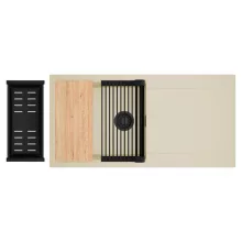 HD Onyx Beige 100 egymedencés gránit mosogatótálca szett, csepegtetőtálcával, vágódeszkával, matt fekete csepegtetőráccsal és kosárral, soft bézs színben, matt fekete leeresztő szifonnal