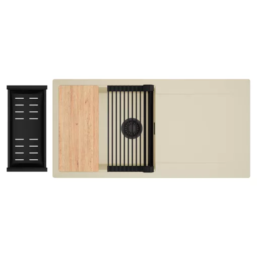 HD Onyx Beige 100 egymedencés gránit mosogatótálca szett, csepegtetőtálcával, vágódeszkával, matt fekete csepegtetőráccsal és kosárral, soft bézs színben, matt fekete leeresztő szifonnal
