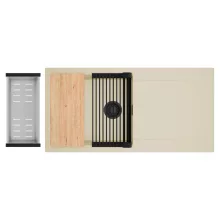 HD Onyx Beige 100 egymedencés gránit mosogatótálca szett, csepegtetőtálcával, vágódeszkával, matt fekete csepegtetőráccsal és krómozott kosárral, soft bézs színben, matt fekete leeresztő szifonnal