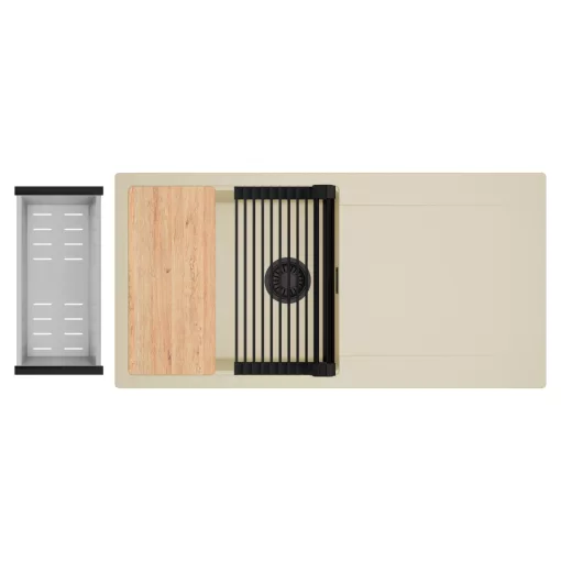 HD Onyx Beige 100 egymedencés gránit mosogatótálca szett, csepegtetőtálcával, vágódeszkával, matt fekete csepegtetőráccsal és krómozott kosárral, soft bézs színben, matt fekete leeresztő szifonnal