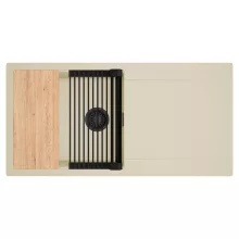 HD Onyx Beige 100 egymedencés gránit mosogatótálca szett, csepegtetőtálcával, vágódeszkával, matt fekete csepegtetőráccsal, soft bézs színben, matt fekete leeresztő szifonnal