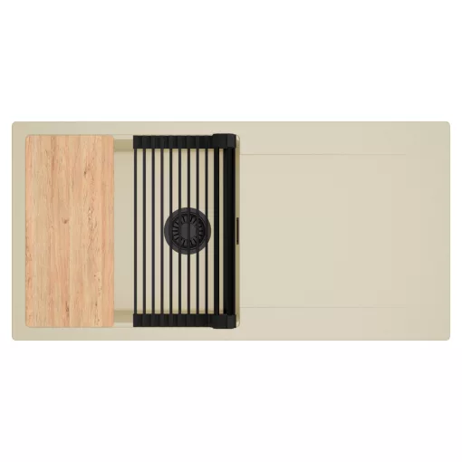 HD Onyx Beige 100 egymedencés gránit mosogatótálca szett, csepegtetőtálcával, vágódeszkával, matt fekete csepegtetőráccsal, soft bézs színben, matt fekete leeresztő szifonnal