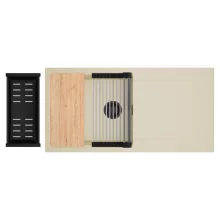 HD Onyx Beige 100 egymedencés gránit mosogatótálca szett, csepegtetőtálcával, vágódeszkával, acél csepegtetőráccsal és matt fekete kosárral, soft bézs színben, matt fekete leeresztő szifonnal