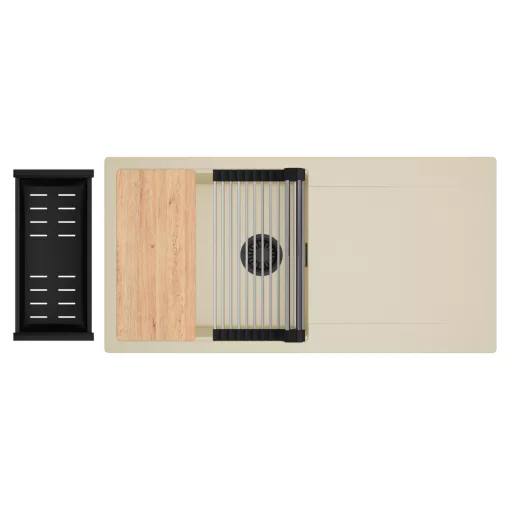 HD Onyx Beige 100 egymedencés gránit mosogatótálca szett, csepegtetőtálcával, vágódeszkával, acél csepegtetőráccsal és matt fekete kosárral, soft bézs színben, matt fekete leeresztő szifonnal