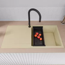 HD Onyx Beige 100 egymedencés gránit mosogatótálca szett, csepegtetőtálcával, vágódeszkával, acél csepegtetőráccsal és matt fekete kosárral, soft bézs színben, matt fekete leeresztő szifonnal