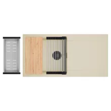 HD Onyx Beige 100 egymedencés gránit mosogatótálca szett, csepegtetőtálcával, vágódeszkával, acél csepegtetőráccsal és kosárral, soft bézs színben, matt fekete leeresztő szifonnal