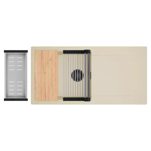 HD Onyx Beige 100 egymedencés gránit mosogatótálca szett, csepegtetőtálcával, vágódeszkával, acél csepegtetőráccsal és kosárral, soft bézs színben, matt fekete leeresztő szifonnal