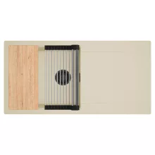 HD Onyx Beige 100 egymedencés gránit mosogatótálca szett, csepegtetőtálcával, vágódeszkával, acél csepegtetőráccsal, soft bézs színben, matt fekete leeresztő szifonnal