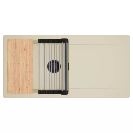 HD Onyx Beige 100 egymedencés gránit mosogatótálca szett, csepegtetőtálcával, vágódeszkával, acél csepegtetőráccsal, soft bézs színben, matt fekete leeresztő szifonnal