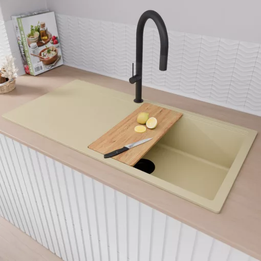 HD Onyx Beige 100 egymedencés gránit mosogatótálca szett, csepegtetőtálcával, vágódeszkával, acél csepegtetőráccsal, soft bézs színben, matt fekete leeresztő szifonnal