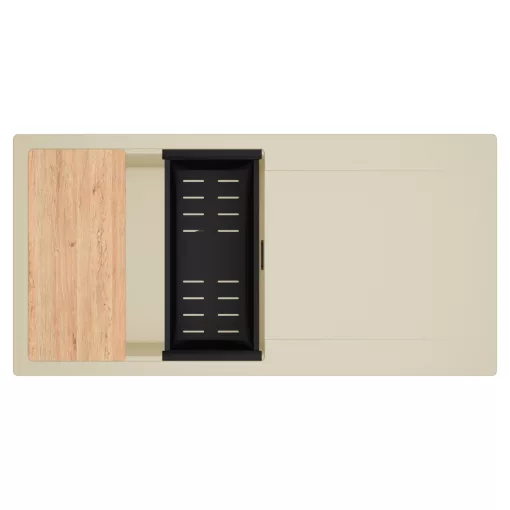 HD Onyx Beige 100 egymedencés gránit mosogatótálca szett, csepegtetőtálcával, vágódeszkával, matt fekete csepegtetőkosárral, soft bézs színben, matt fekete leeresztő szifonnal