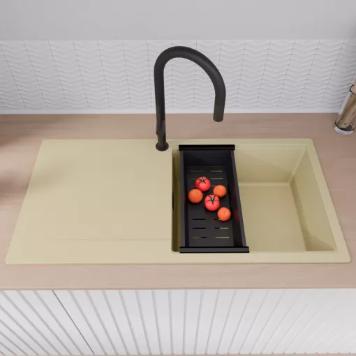 HD Onyx Beige 100 egymedencés gránit mosogatótálca szett, csepegtetőtálcával, vágódeszkával, matt fekete csepegtetőkosárral, soft bézs színben, matt fekete leeresztő szifonnal