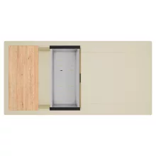 HD Onyx Beige 100 egymedencés gránit mosogatótálca szett, csepegtetőtálcával, vágódeszkával, acél csepegtetőkosárral, soft bézs színben, matt fekete leeresztő szifonnal