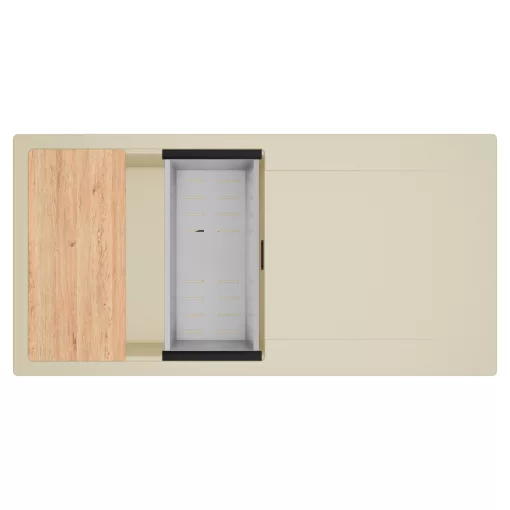 HD Onyx Beige 100 egymedencés gránit mosogatótálca szett, csepegtetőtálcával, vágódeszkával, acél csepegtetőkosárral, soft bézs színben, matt fekete leeresztő szifonnal