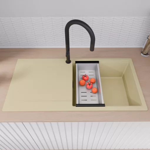 HD Onyx Beige 100 egymedencés gránit mosogatótálca szett, csepegtetőtálcával, vágódeszkával, acél csepegtetőkosárral, soft bézs színben, matt fekete leeresztő szifonnal