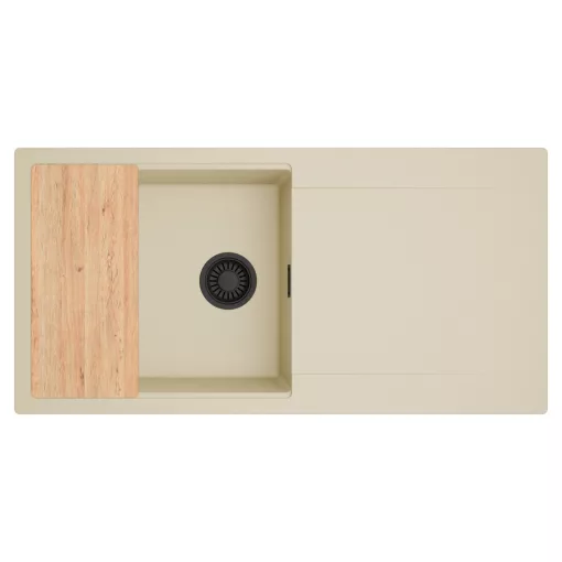 HD Onyx Beige 100 egymedencés gránit mosogatótálca, vágódeszkával, soft bézs színben, matt fekete leeresztő szifonnal