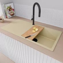 HD Onyx Beige 100 egymedencés gránit mosogatótálca, vágódeszkával, soft bézs színben, matt fekete leeresztő szifonnal