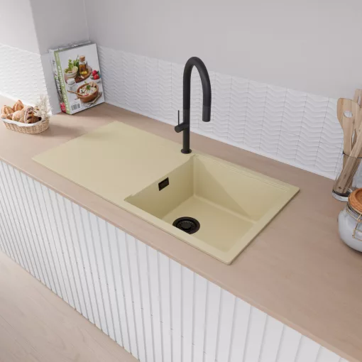 HD Onyx Beige 100 egymedencés gránit mosogatótálca, vágódeszkával, soft bézs színben, matt fekete leeresztő szifonnal