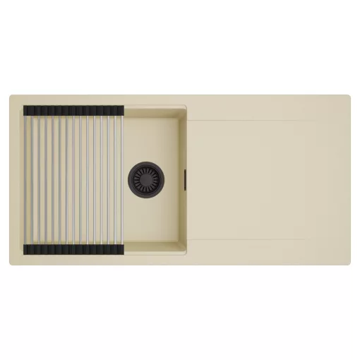 HD Onyx Beige 100 egymedencés mosogatótálca szett, acél csepegtetőráccsal, csepegtetőtálcával, soft bézs színben, matt fekete leeresztő szifonnal