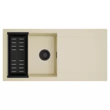 HD Onyx Beige 100 egymedencés mosogatótálca szett, matt fekete csepegtetőkosárral, csepegtetőtálcával, soft bézs színben, matt fekete leeresztő szifonnal