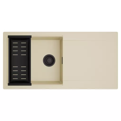 HD Onyx Beige 100 egymedencés mosogatótálca szett, matt fekete csepegtetőkosárral, csepegtetőtálcával, soft bézs színben, matt fekete leeresztő szifonnal