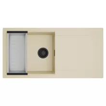 HD Onyx Beige 100 egymedencés mosogatótálca szett, acél csepegtetőkosárral, csepegtetőtálcával, soft bézs színben, matt fekete leeresztő szifonnal