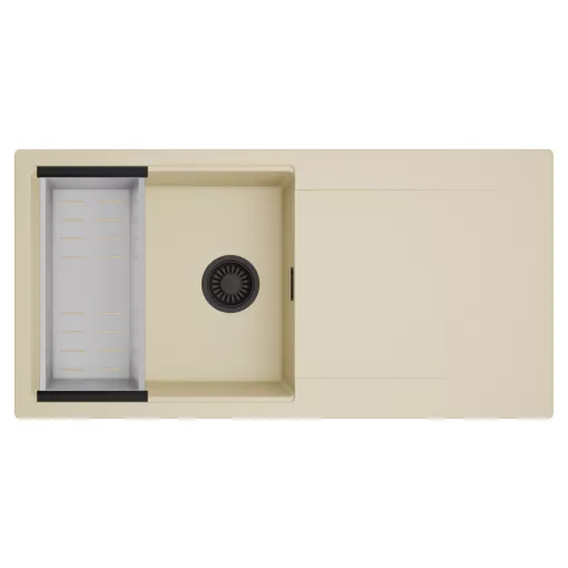 HD Onyx Beige 100 egymedencés mosogatótálca szett, acél csepegtetőkosárral, csepegtetőtálcával, soft bézs színben, matt fekete leeresztő szifonnal