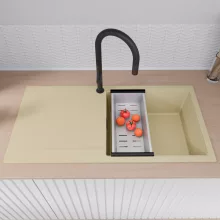 HD Onyx Beige 100 egymedencés mosogatótálca szett, acél csepegtetőkosárral, csepegtetőtálcával, soft bézs színben, matt fekete leeresztő szifonnal