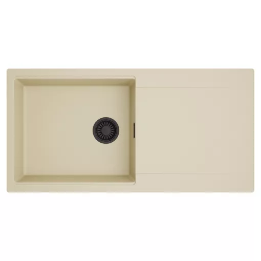 HD Onyx Beige 100 egymedencés mosogatótálca, csepegtetőtálcával, soft bézs színben, matt fekete leeresztő szifonnal