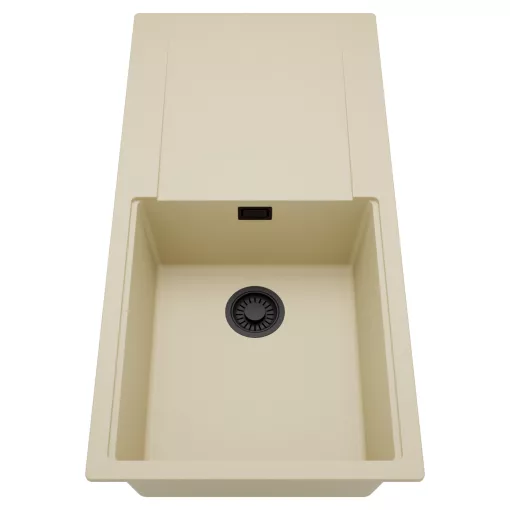 HD Onyx Beige 100 egymedencés mosogatótálca, csepegtetőtálcával, soft bézs színben, matt fekete leeresztő szifonnal