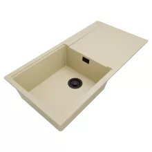 HD Onyx Beige 100 egymedencés mosogatótálca, csepegtetőtálcával, soft bézs színben, matt fekete leeresztő szifonnal