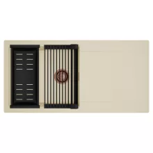 HD Onyx Beige 100 egymedencés mosogatótálca szett, matt fekete csepegtetőráccsal és kosárral, csepegtetőtálcával, soft bézs színben, szálcsiszolt réz leeresztő szifonnal