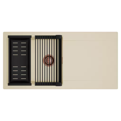 HD Onyx Beige 100 egymedencés mosogatótálca szett, matt fekete csepegtetőráccsal és kosárral, csepegtetőtálcával, soft bézs színben, szálcsiszolt réz leeresztő szifonnal