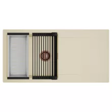 HD Onyx Beige 100 egymedencés mosogatótálca szett, matt fekete csepegtetőráccsal és krómozott kosárral, csepegtetőtálcával, soft bézs színben, szálcsiszolt réz leeresztő szifonnal