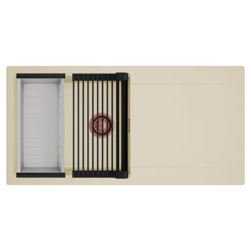 HD Onyx Beige 100 egymedencés mosogatótálca szett, matt fekete csepegtetőráccsal és krómozott kosárral, csepegtetőtálcával, soft bézs színben, szálcsiszolt réz leeresztő szifonnal