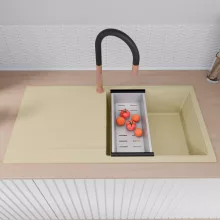 HD Onyx Beige 100 egymedencés mosogatótálca szett, matt fekete csepegtetőráccsal és krómozott kosárral, csepegtetőtálcával, soft bézs színben, szálcsiszolt réz leeresztő szifonnal