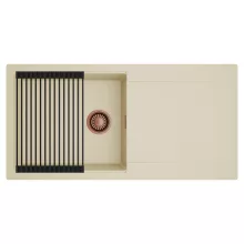 HD Onyx Beige 100 egymedencés mosogatótálca szett, matt fekete csepegtetőráccsal, csepegtetőtálcával, soft bézs színben, szálcsiszolt réz leeresztő szifonnal