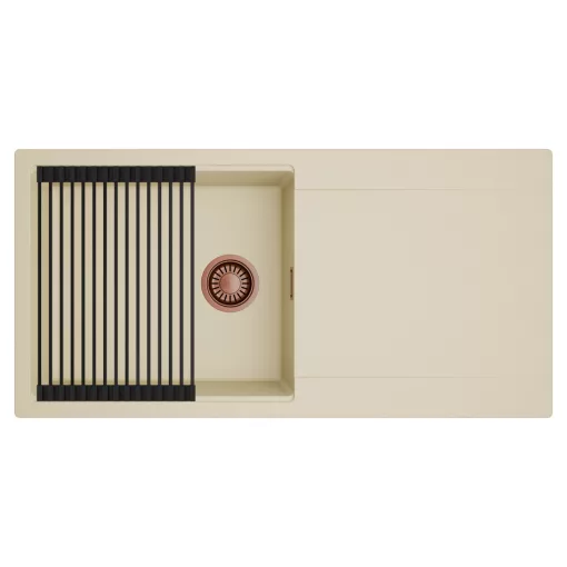 HD Onyx Beige 100 egymedencés mosogatótálca szett, matt fekete csepegtetőráccsal, csepegtetőtálcával, soft bézs színben, szálcsiszolt réz leeresztő szifonnal