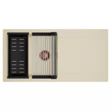 HD Onyx Beige 100 egymedencés mosogatótálca szett, acél csepegtetőráccsal és matt fekete kosárral, csepegtetőtálcával, soft bézs színben, szálcsiszolt réz leeresztő szifonnal