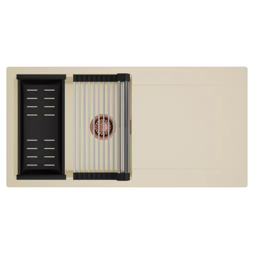 HD Onyx Beige 100 egymedencés mosogatótálca szett, acél csepegtetőráccsal és matt fekete kosárral, csepegtetőtálcával, soft bézs színben, szálcsiszolt réz leeresztő szifonnal