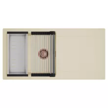 HD Onyx Beige 100 egymedencés mosogatótálca szett, acél csepegtetőráccsal és kosárral, csepegtetőtálcával, soft bézs színben, szálcsiszolt réz leeresztő szifonnal