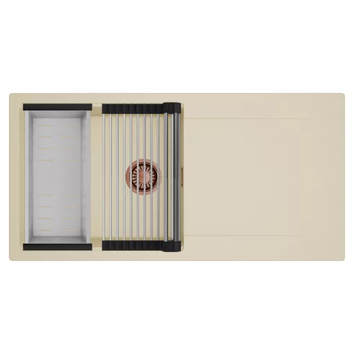 HD Onyx Beige 100 egymedencés mosogatótálca szett, acél csepegtetőráccsal és kosárral, csepegtetőtálcával, soft bézs színben, szálcsiszolt réz leeresztő szifonnal