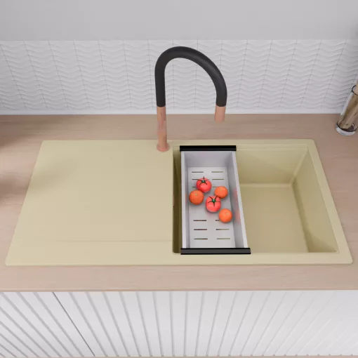 HD Onyx Beige 100 egymedencés mosogatótálca szett, acél csepegtetőráccsal és kosárral, csepegtetőtálcával, soft bézs színben, szálcsiszolt réz leeresztő szifonnal