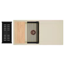 HD Onyx Beige 100 egymedencés gránit mosogatótálca szett, csepegtetőtálcával, vágódeszkával, matt fekete csepegtetőráccsal és kosárral, soft bézs színben, szálcsiszolt réz leeresztő szifonnal