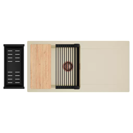 HD Onyx Beige 100 egymedencés gránit mosogatótálca szett, csepegtetőtálcával, vágódeszkával, matt fekete csepegtetőráccsal és kosárral, soft bézs színben, szálcsiszolt réz leeresztő szifonnal