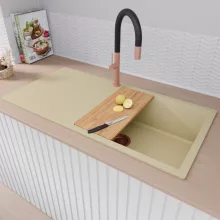 HD Onyx Beige 100 egymedencés gránit mosogatótálca szett, csepegtetőtálcával, vágódeszkával, matt fekete csepegtetőráccsal és kosárral, soft bézs színben, szálcsiszolt réz leeresztő szifonnal